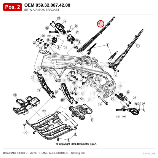 BETA AIR BOX BRACKET – OEM 059.32.007.42.00, position 2 on the Beta SINCRO 300 2T MY26 frame accessories drawing