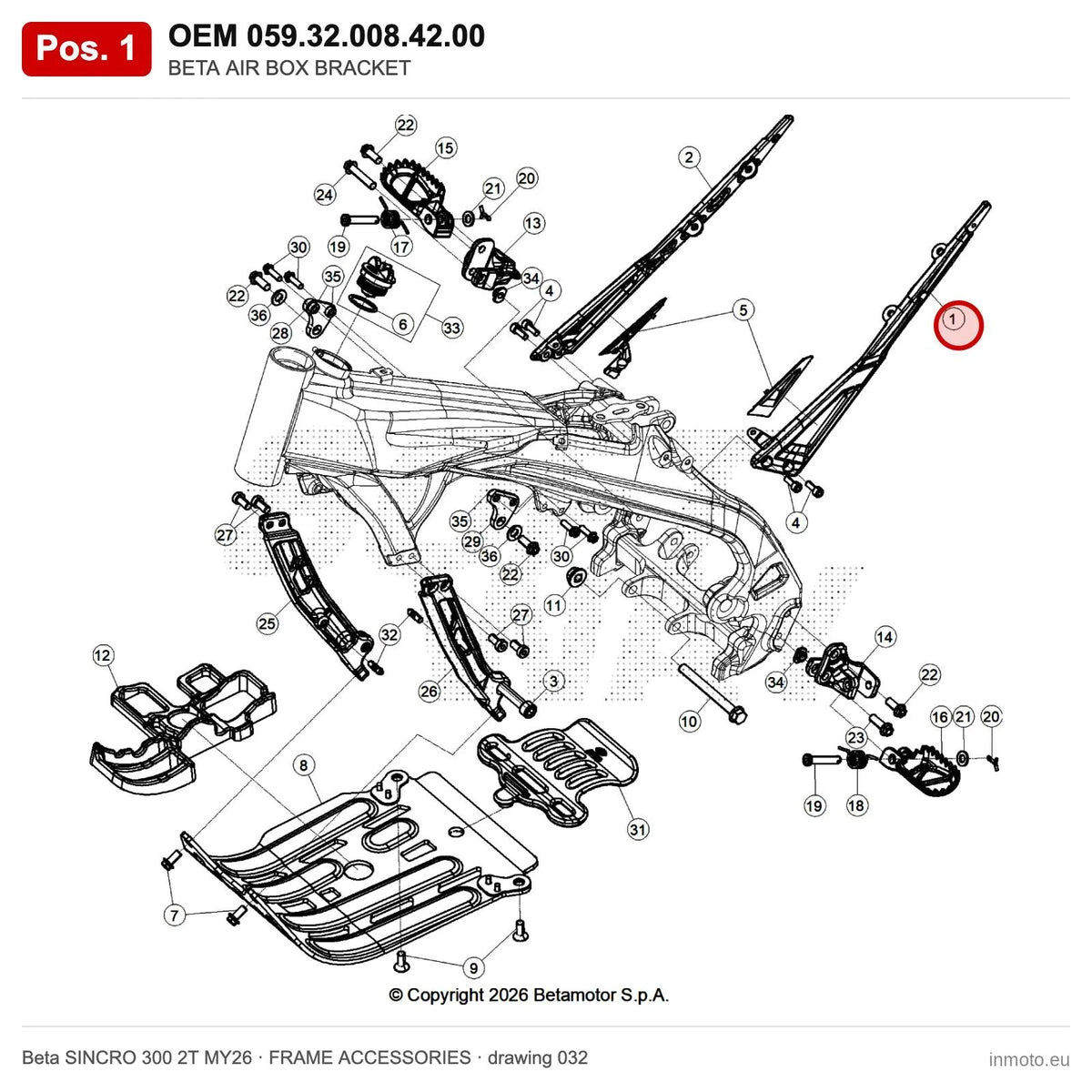 BETA AIR BOX BRACKET – OEM 059.32.008.42.00, position 1 on the Beta SINCRO 300 2T MY26 frame accessories drawing