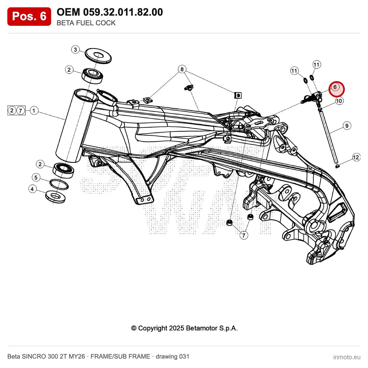 BETA FUEL COCK – OEM 059.32.011.82.00, position 6 on the Beta SINCRO 300 2T MY26 frame/sub frame drawing