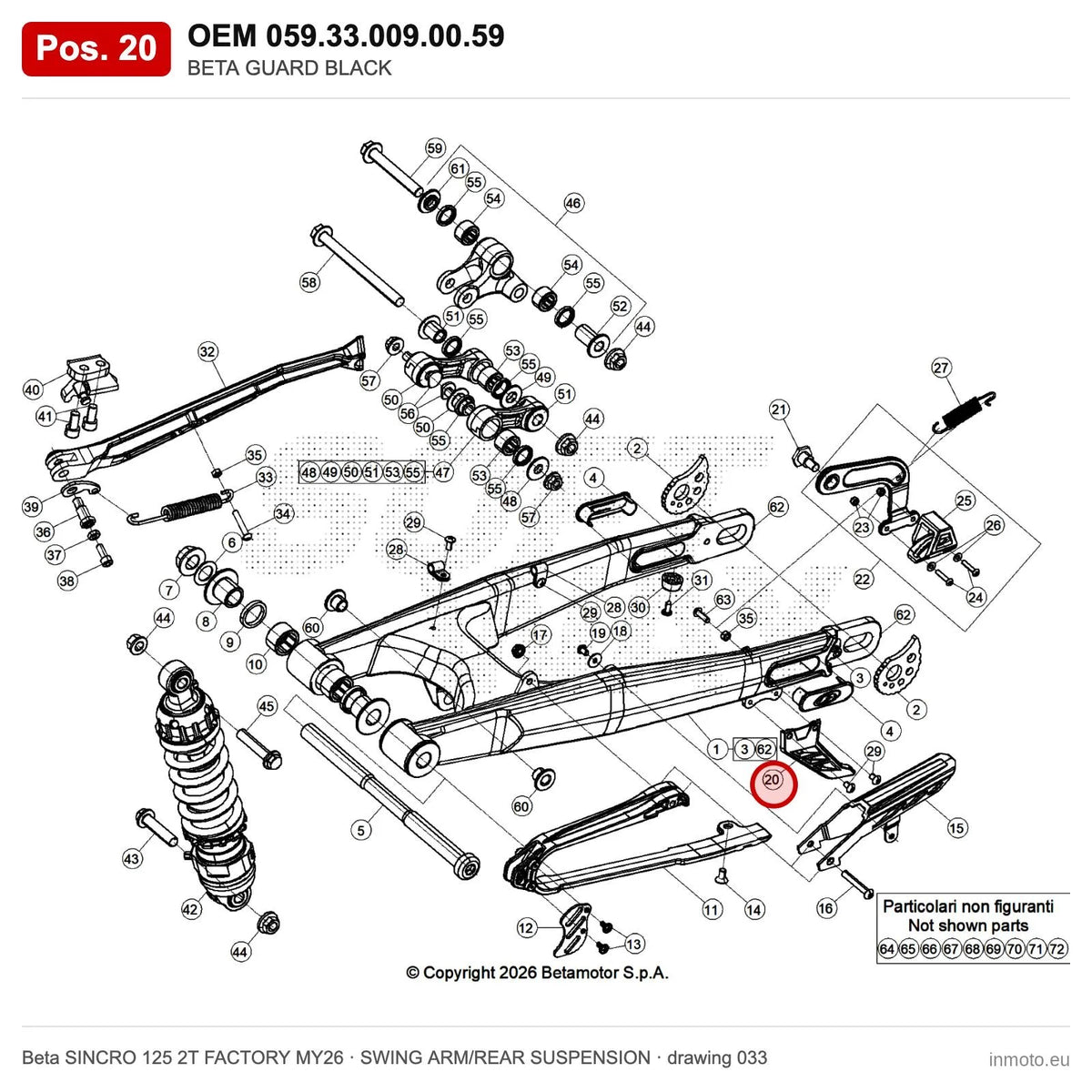 BETA GUARD BLACK – OEM 059.33.009.00.59, position 20 on the Beta SINCRO 125 2T FACTORY MY26 swing arm/rear suspension drawing