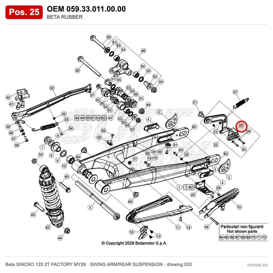 BETA RUBBER – OEM 059.33.011.00.00, position 25 on the Beta SINCRO 125 2T FACTORY MY26 swing arm/rear suspension drawing