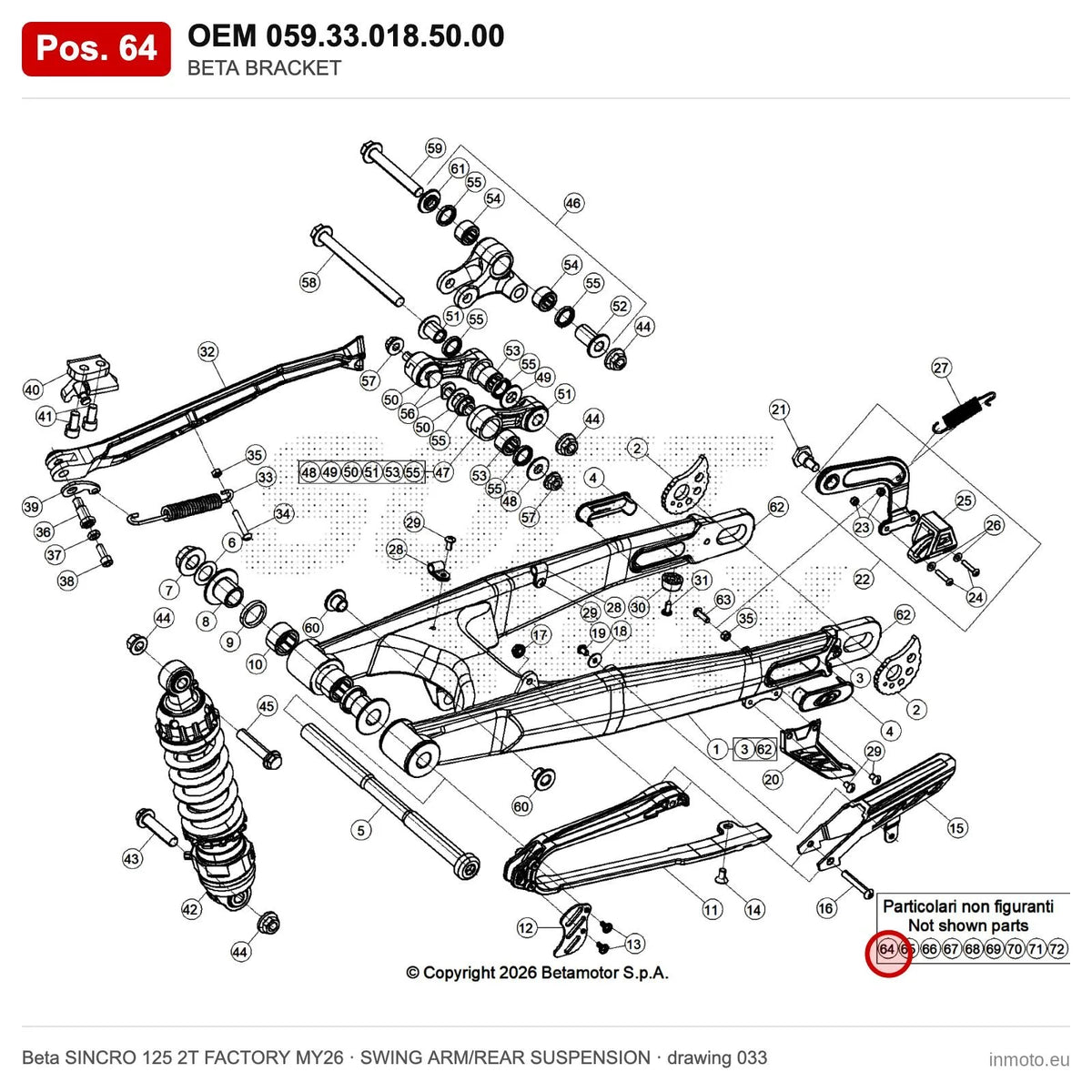 BETA BRACKET – OEM 059.33.018.50.00, position 64 on the Beta SINCRO 125 2T FACTORY MY26 swing arm/rear suspension drawing