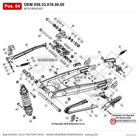 BETA BRACKET – OEM 059.33.018.50.00, position 64 on the Beta SINCRO 125 2T FACTORY MY26 swing arm/rear suspension drawing