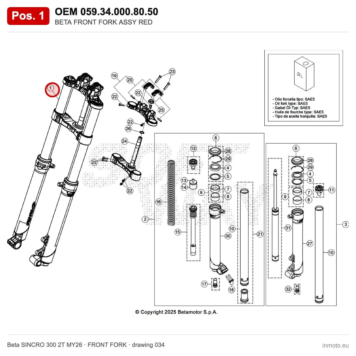 BETA FRONT FORK ASSY RED – OEM 059.34.000.80.50, position 1 on the Beta SINCRO 300 2T MY26 front fork drawing