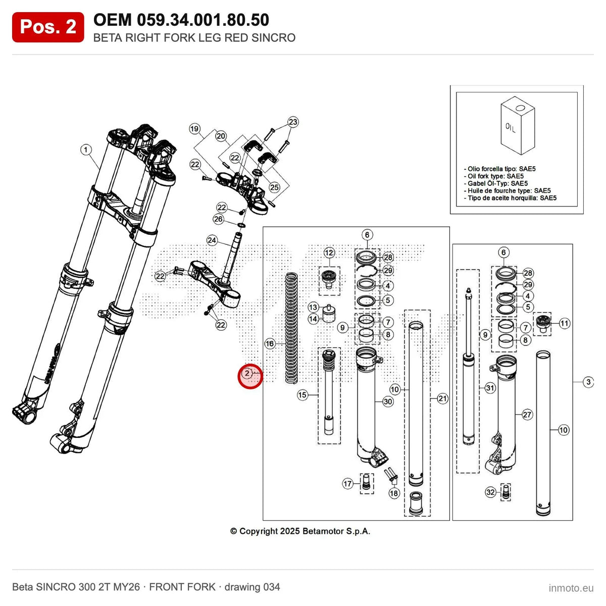 BETA RIGHT FORK LEG RED SINCRO – OEM 059.34.001.80.50, position 2 on the Beta SINCRO 300 2T MY26 front fork drawing