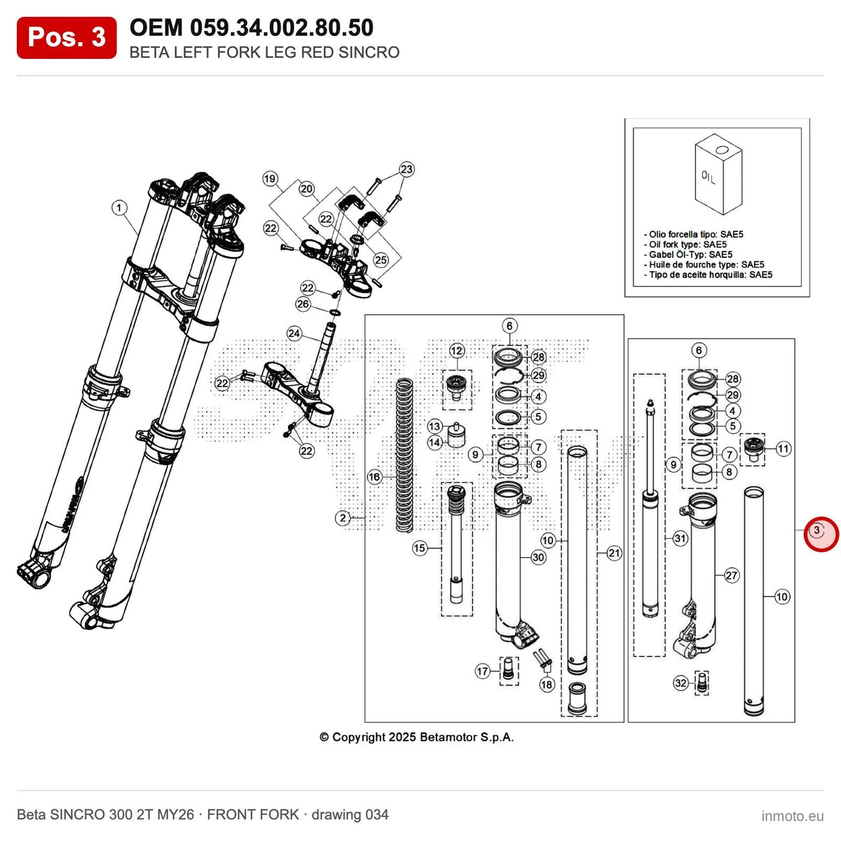 BETA LEFT FORK LEG RED SINCRO – OEM 059.34.002.80.50, position 3 on the Beta SINCRO 300 2T MY26 front fork drawing