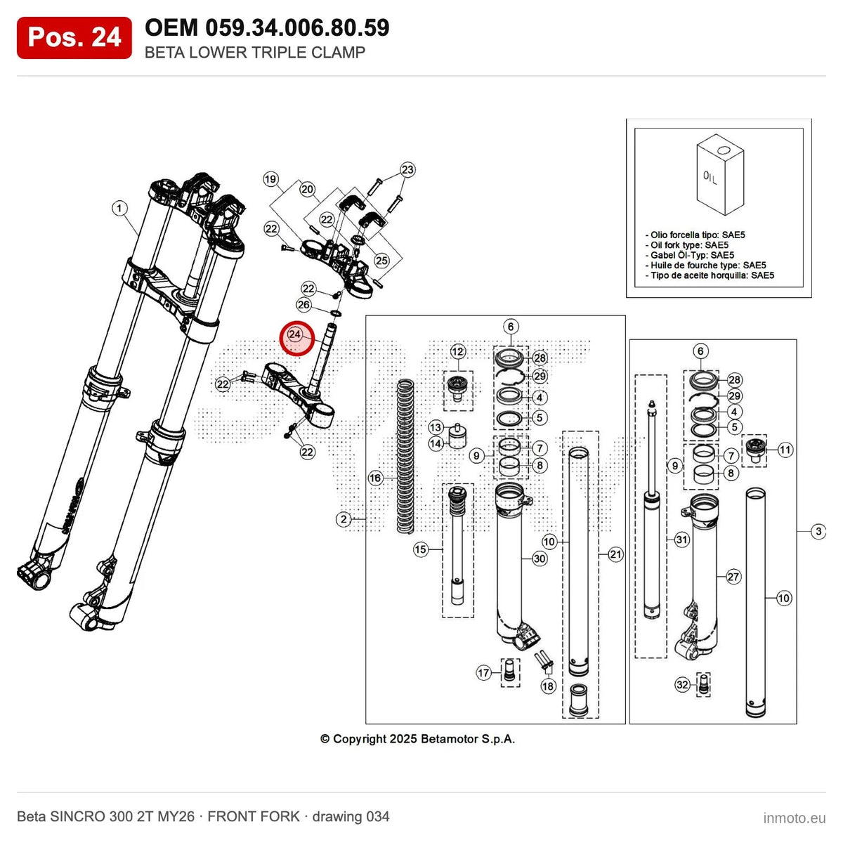 BETA LOWER TRIPLE CLAMP – OEM 059.34.006.80.59, position 24 on the Beta SINCRO 300 2T MY26 front fork drawing