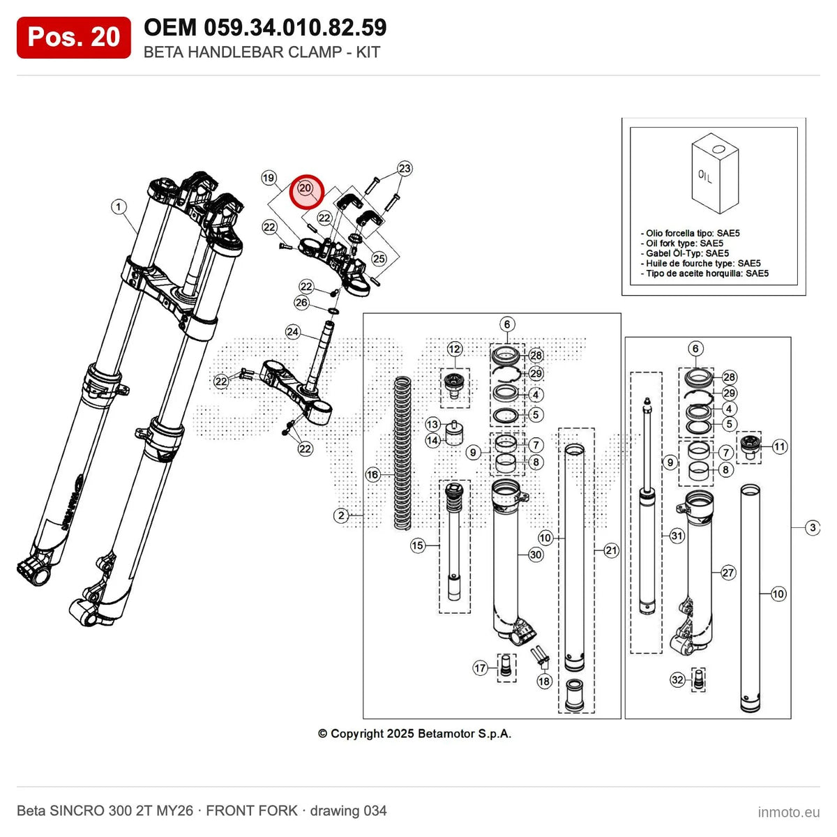 BETA HANDLEBAR CLAMP - KIT – OEM 059.34.010.82.59, position 20 on the Beta SINCRO 300 2T MY26 front fork drawing