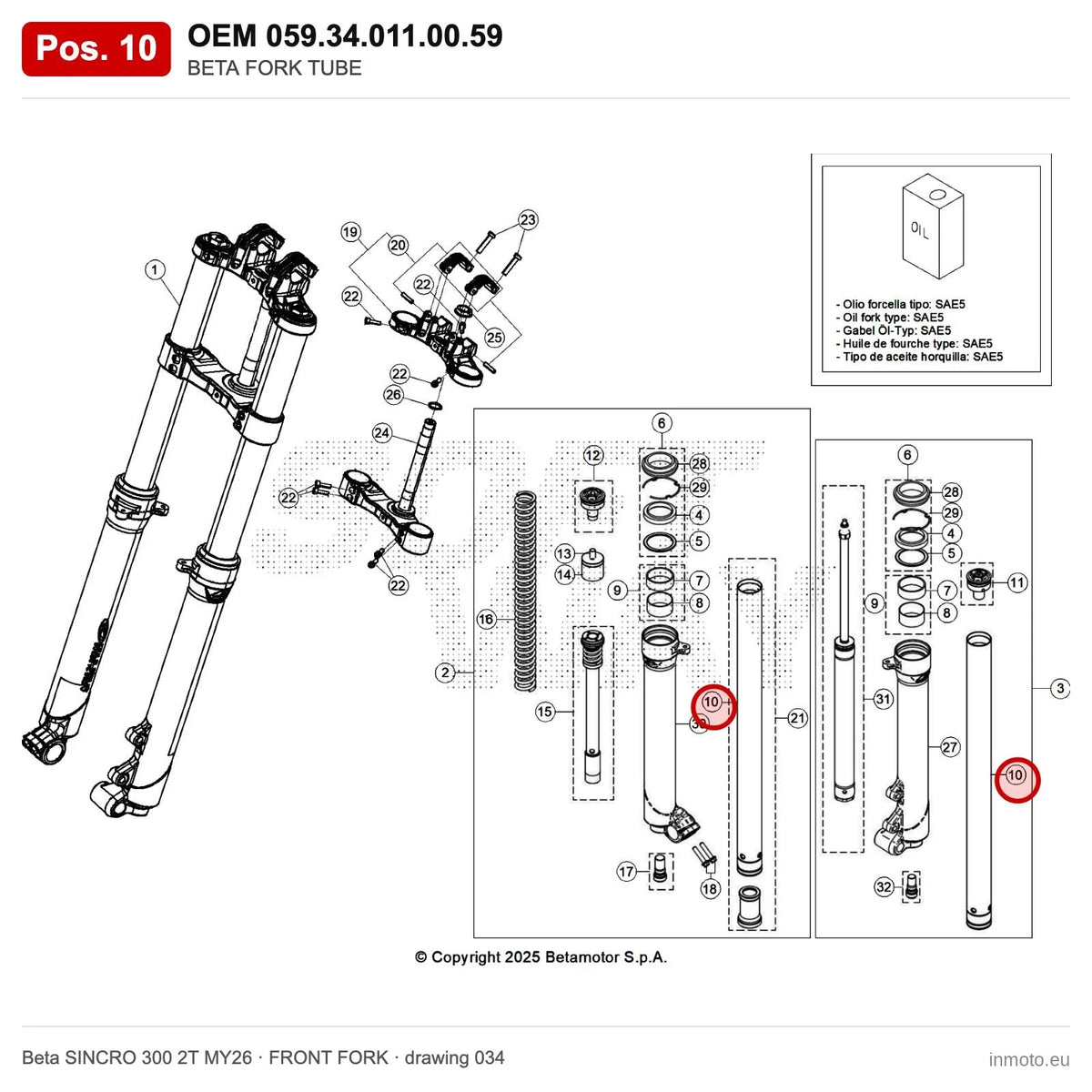 BETA FORK TUBE – OEM 059.34.011.00.59, position 10 on the Beta SINCRO 300 2T MY26 front fork drawing