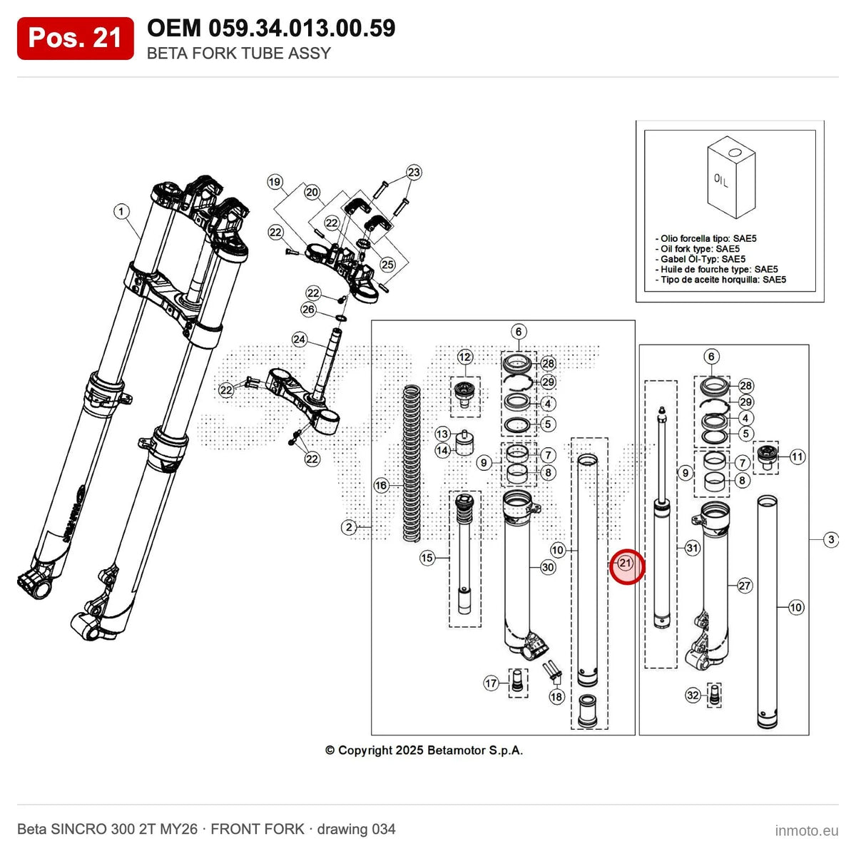 BETA FORK TUBE ASSY – OEM 059.34.013.00.59, position 21 on the Beta SINCRO 300 2T MY26 front fork drawing