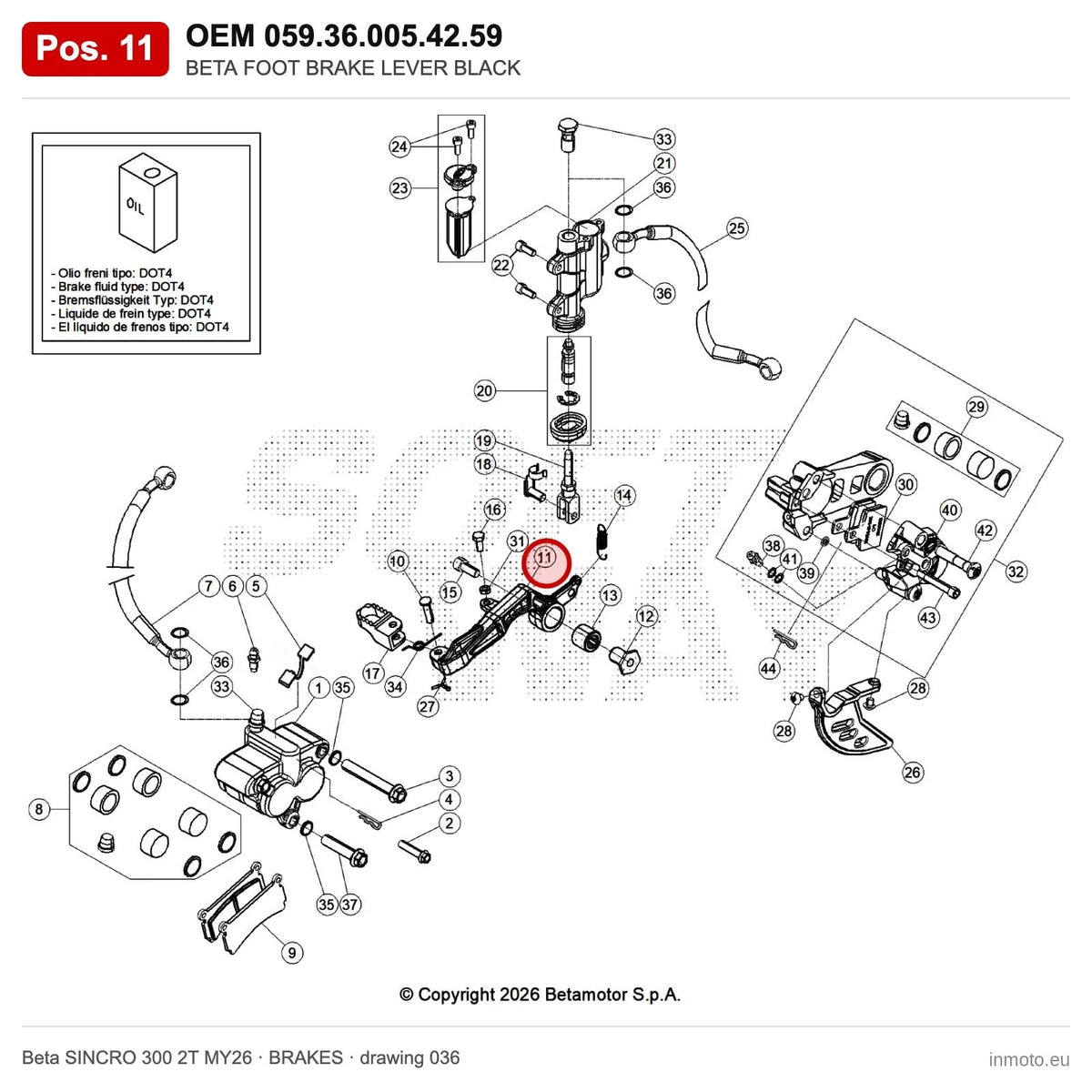 BETA FOOT BRAKE LEVER BLACK – OEM 059.36.005.42.59, position 11 on the Beta SINCRO 300 2T MY26 brakes drawing