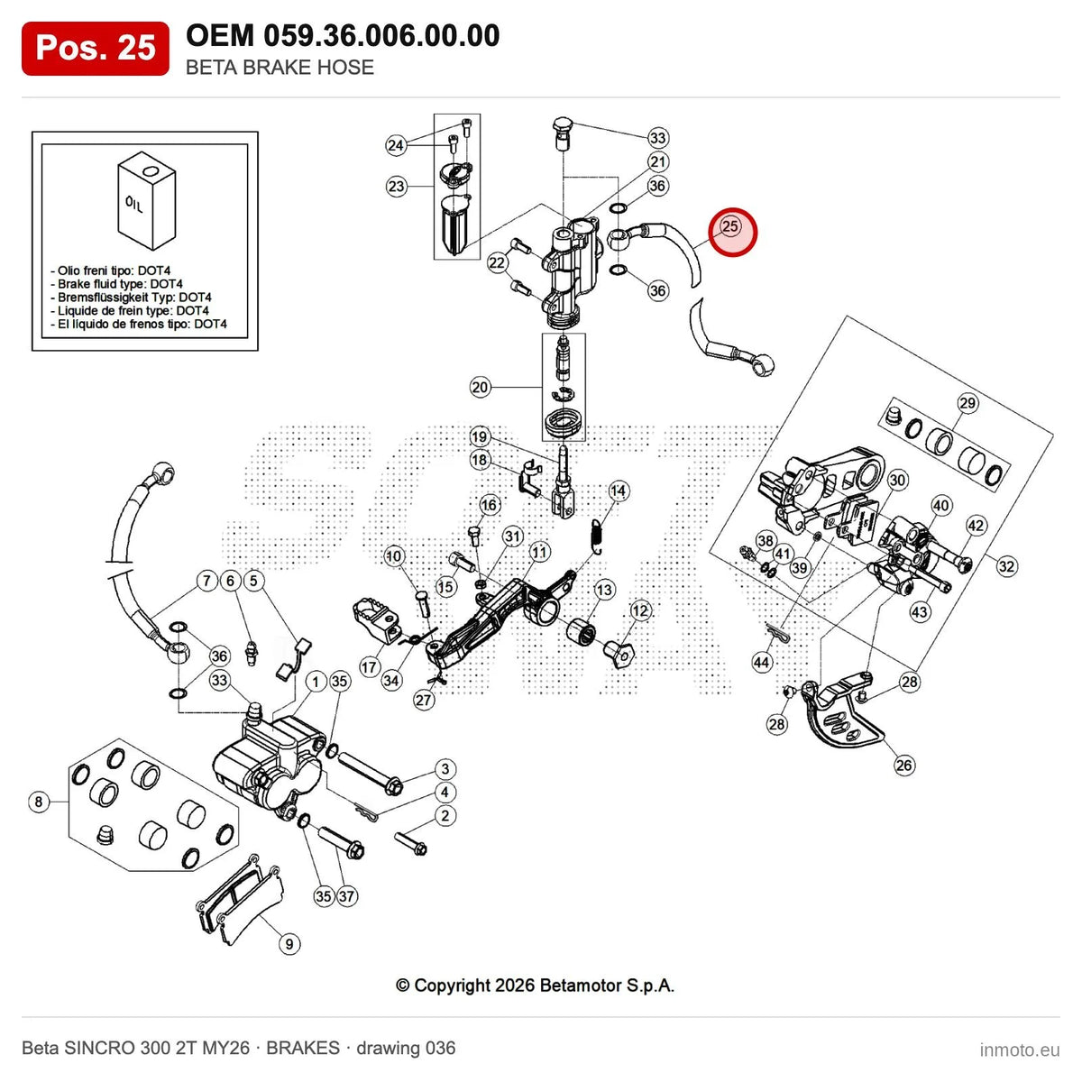 BETA BRAKE HOSE – OEM 059.36.006.00.00, position 25 on the Beta SINCRO 300 2T MY26 brakes drawing