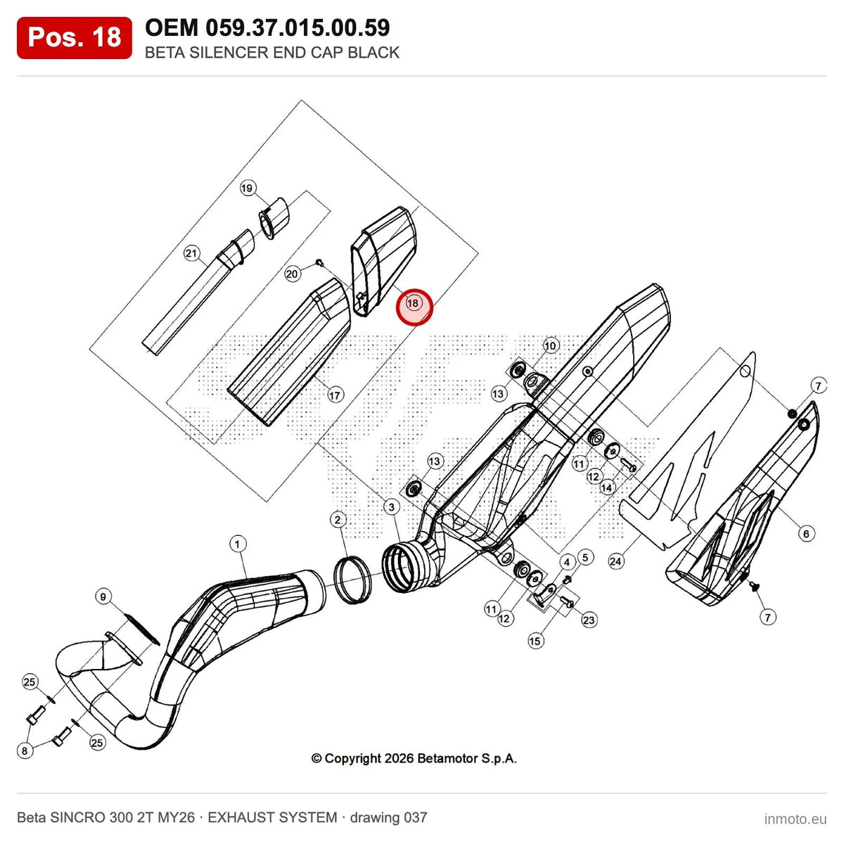 BETA SILENCER END CAP BLACK – OEM 059.37.015.00.59, position 18 on the Beta SINCRO 300 2T MY26 exhaust system drawing