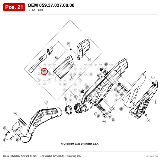 BETA TUBE – OEM 059.37.037.00.00, position 21 on the Beta SINCRO 125 2T MY26 exhaust system drawing