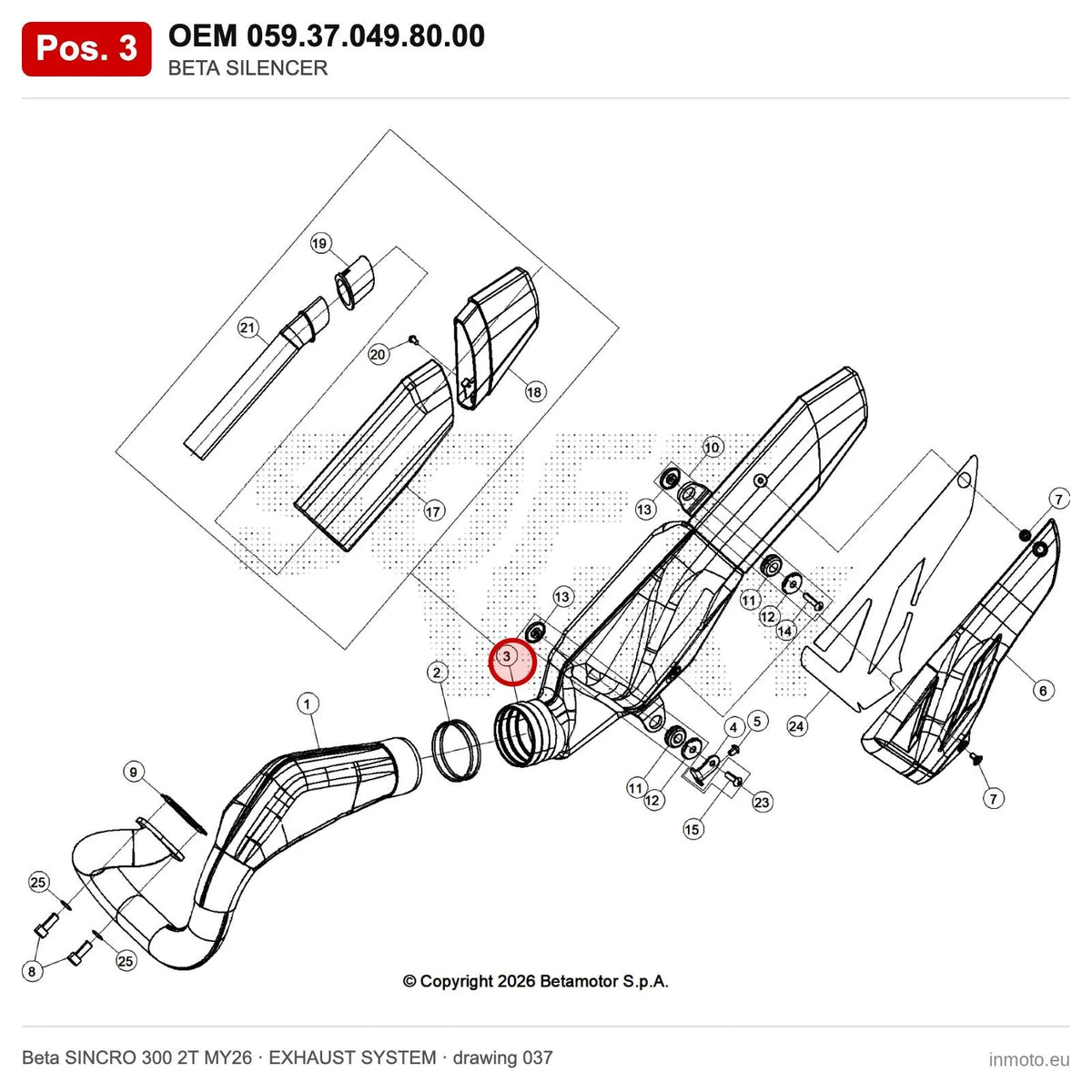 BETA SILENCER – OEM 059.37.049.80.00, position 3 on the Beta SINCRO 300 2T MY26 exhaust system drawing