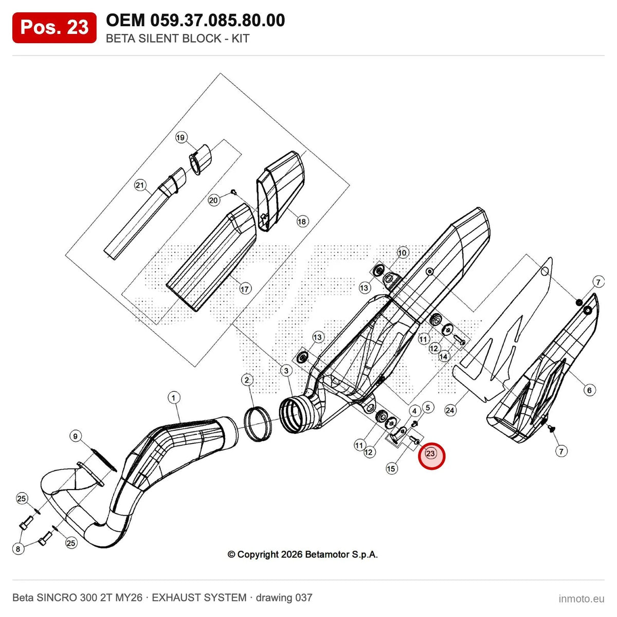 BETA SILENT BLOCK - KIT – OEM 059.37.085.80.00, position 23 on the Beta SINCRO 300 2T MY26 exhaust system drawing