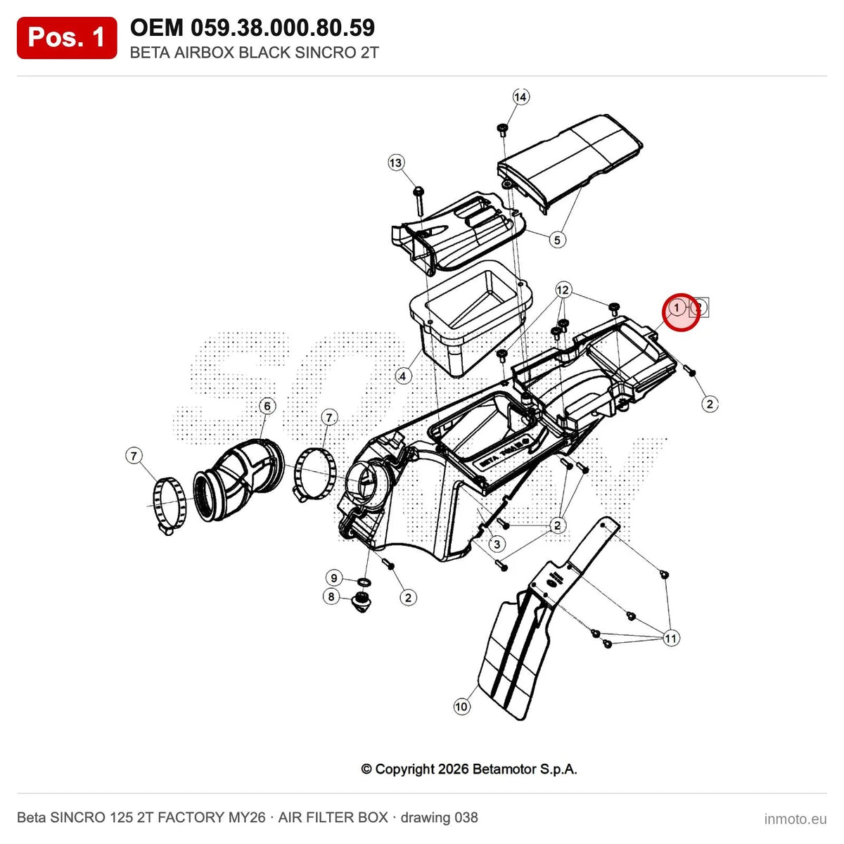 BETA AIRBOX BLACK SINCRO 2T – OEM 059.38.000.80.59, position 1 on the Beta SINCRO 125 2T FACTORY MY26 air filter box drawing