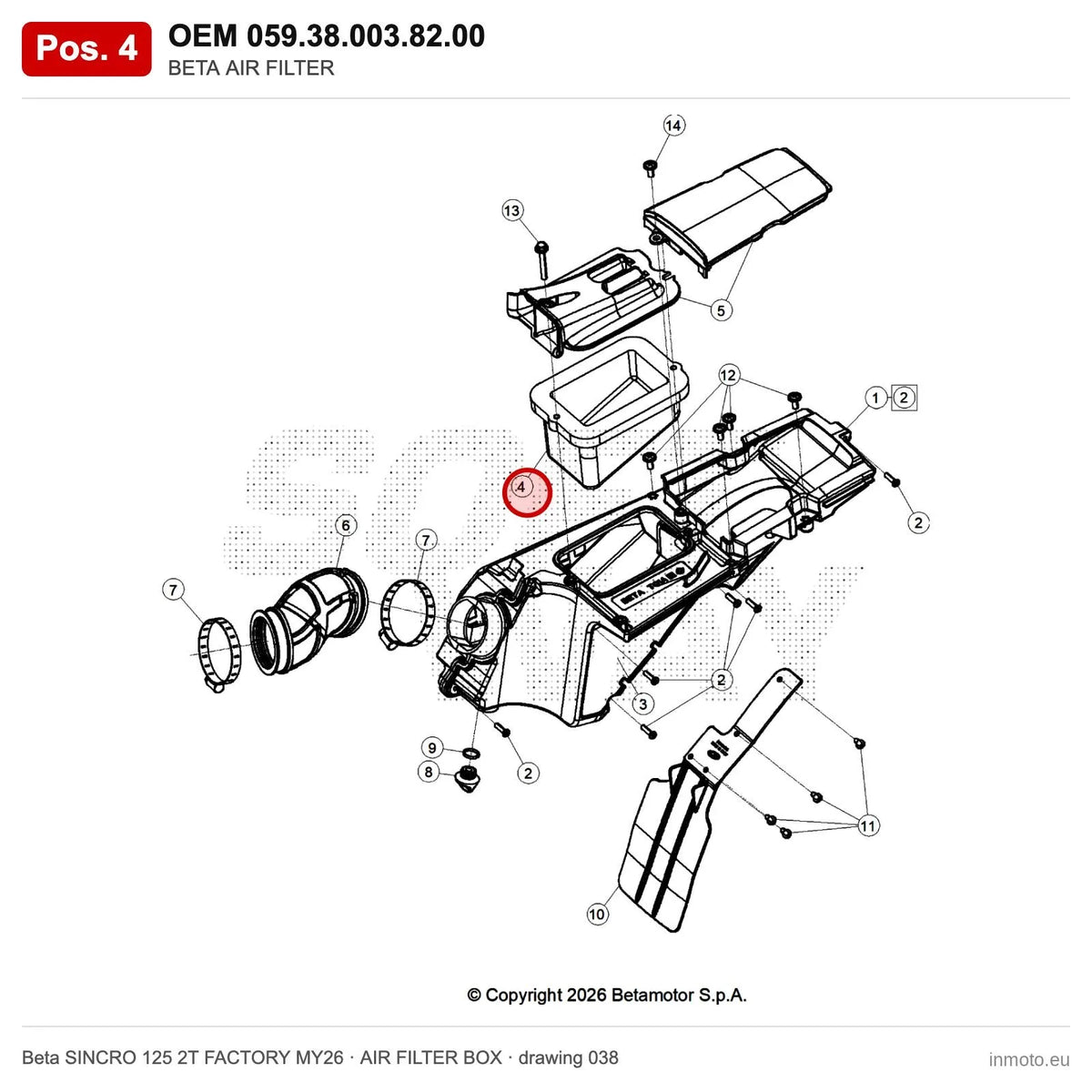 BETA AIR FILTER – OEM 059.38.003.82.00, position 4 on the Beta SINCRO 125 2T FACTORY MY26 air filter box drawing