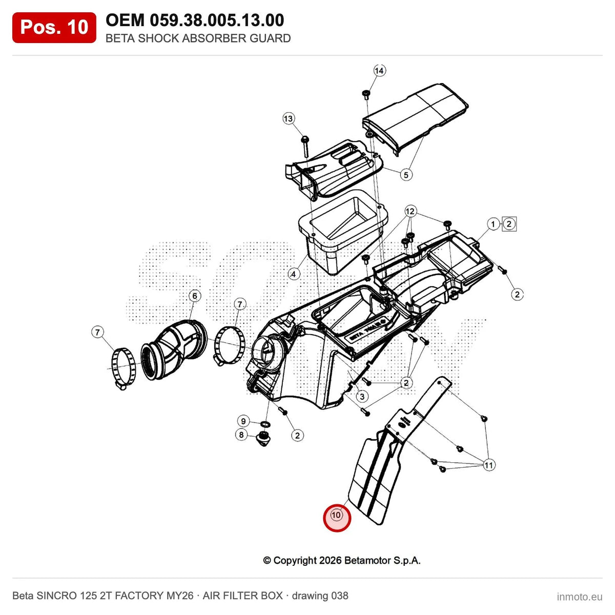 BETA SHOCK ABSORBER GUARD – OEM 059.38.005.13.00, position 10 on the Beta SINCRO 125 2T FACTORY MY26 air filter box drawing