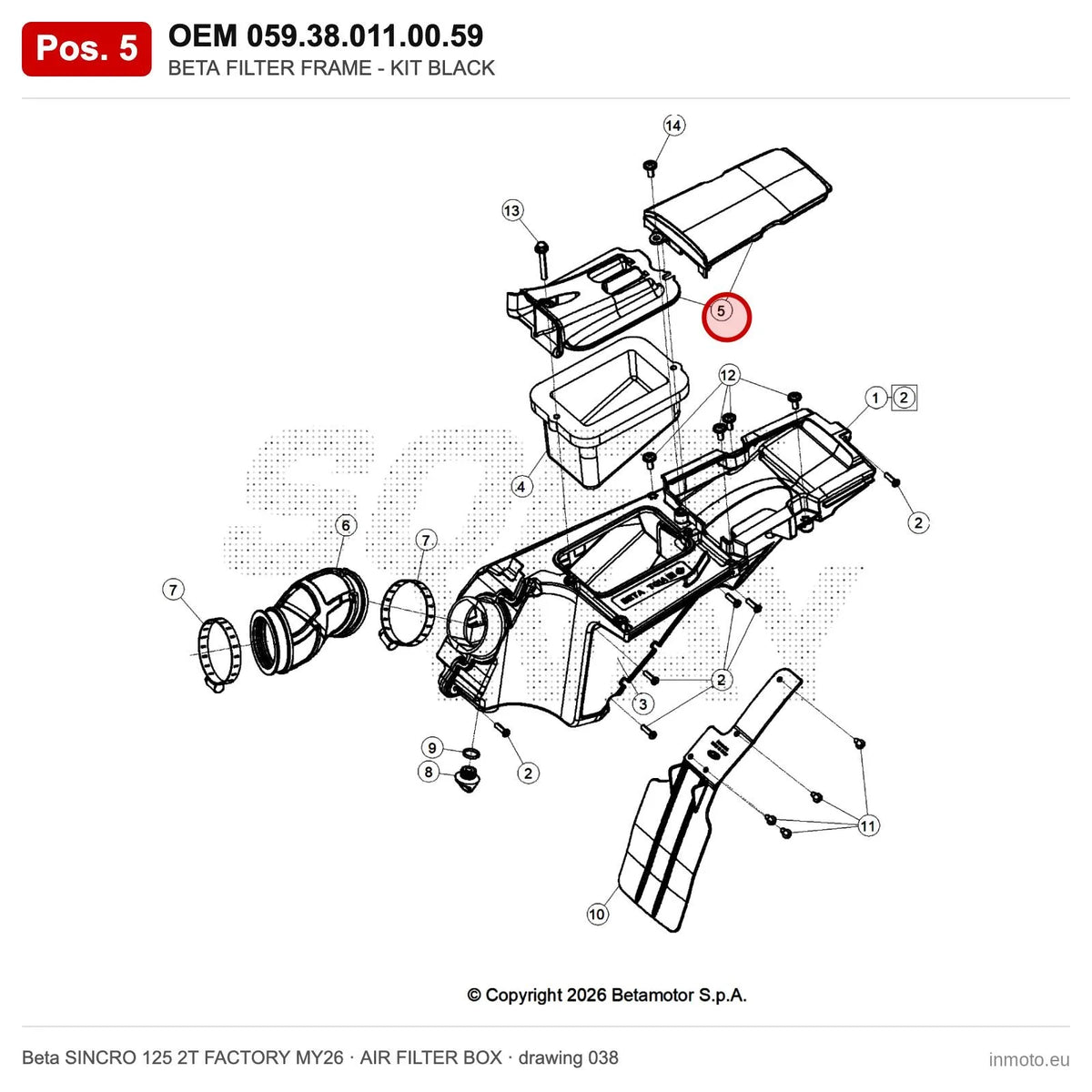 BETA FILTER FRAME - KIT BLACK – OEM 059.38.011.00.59, position 5 on the Beta SINCRO 125 2T FACTORY MY26 air filter box drawing