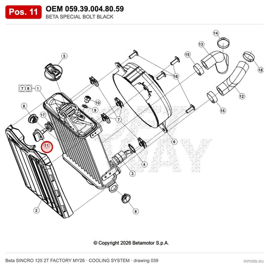 BETA SPECIAL BOLT BLACK – OEM 059.39.004.80.59, position 11 on the Beta SINCRO 125 2T FACTORY MY26 cooling system drawing