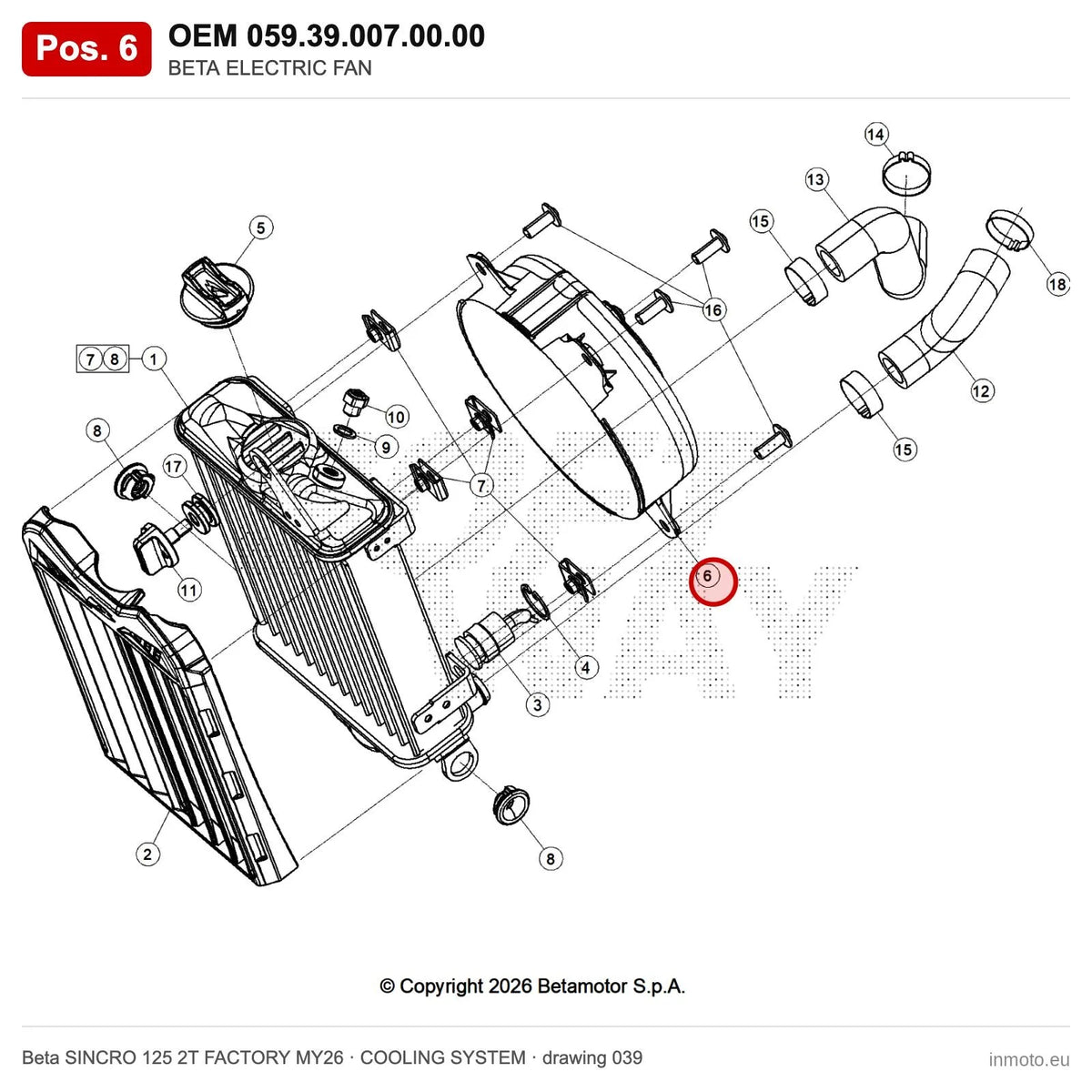BETA ELECTRIC FAN – OEM 059.39.007.00.00, position 6 on the Beta SINCRO 125 2T FACTORY MY26 cooling system drawing