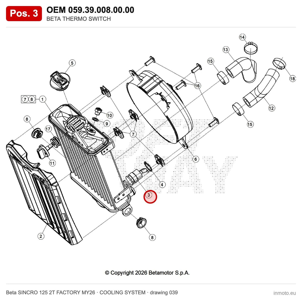 BETA THERMO SWITCH – OEM 059.39.008.00.00, position 3 on the Beta SINCRO 125 2T FACTORY MY26 cooling system drawing