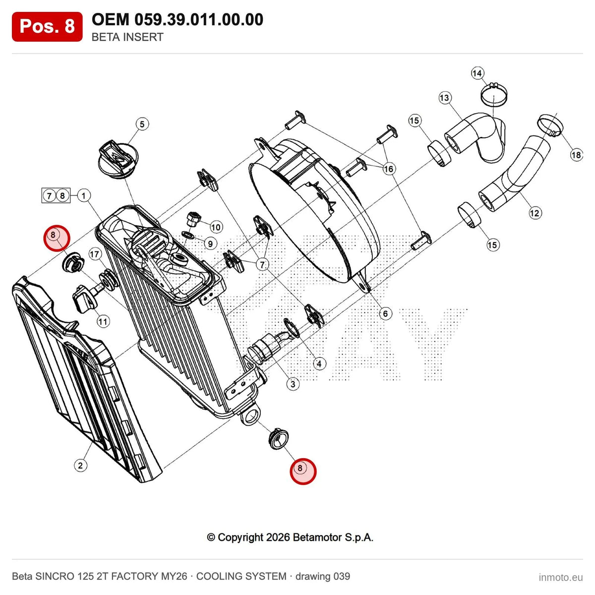 BETA INSERT – OEM 059.39.011.00.00, position 8 on the Beta SINCRO 125 2T FACTORY MY26 cooling system drawing