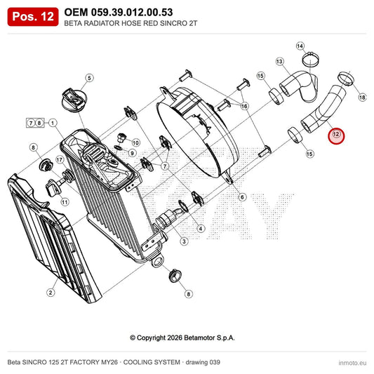 BETA RADIATOR HOSE RED SINCRO 2T – OEM 059.39.012.00.53, position 12 on the Beta SINCRO 125 2T FACTORY MY26 cooling system drawing