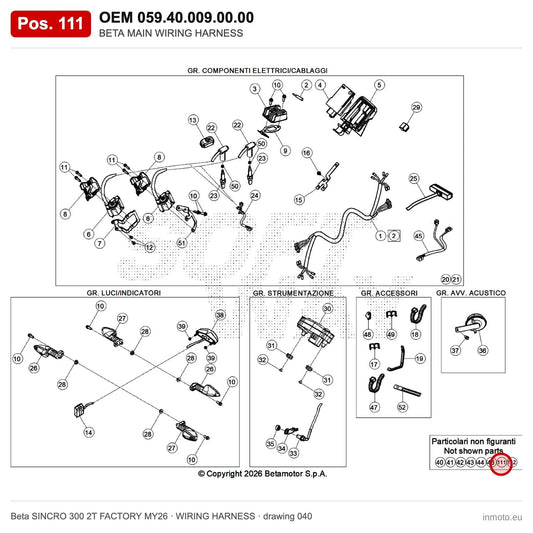 BETA MAIN WIRING HARNESS – OEM 059.40.009.00.00, position 111 on the Beta SINCRO 300 2T FACTORY MY26 wiring harness drawing