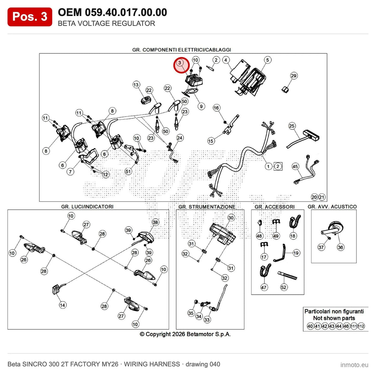 BETA VOLTAGE REGULATOR – OEM 059.40.017.00.00, position 3 on the Beta SINCRO 300 2T FACTORY MY26 wiring harness drawing