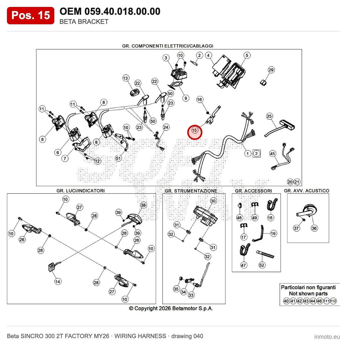 BETA BRACKET – OEM 059.40.018.00.00, position 15 on the Beta SINCRO 300 2T FACTORY MY26 wiring harness drawing