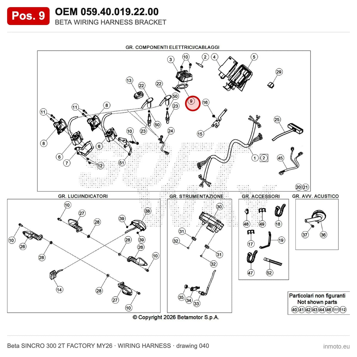 BETA WIRING HARNESS BRACKET – OEM 059.40.019.22.00, position 9 on the Beta SINCRO 300 2T FACTORY MY26 wiring harness drawing