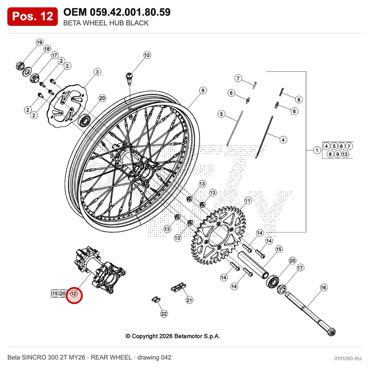 BETA WHEEL HUB BLACK – OEM 059.42.001.80.59, position 12 on the Beta SINCRO 300 2T MY26 rear wheel drawing