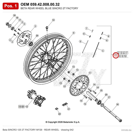 BETA REAR WHEEL BLUE SINCRO 2T FACTORY – OEM 059.42.008.00.32, position 1 on the Beta SINCRO 125 2T FACTORY MY26 rear wheel drawing