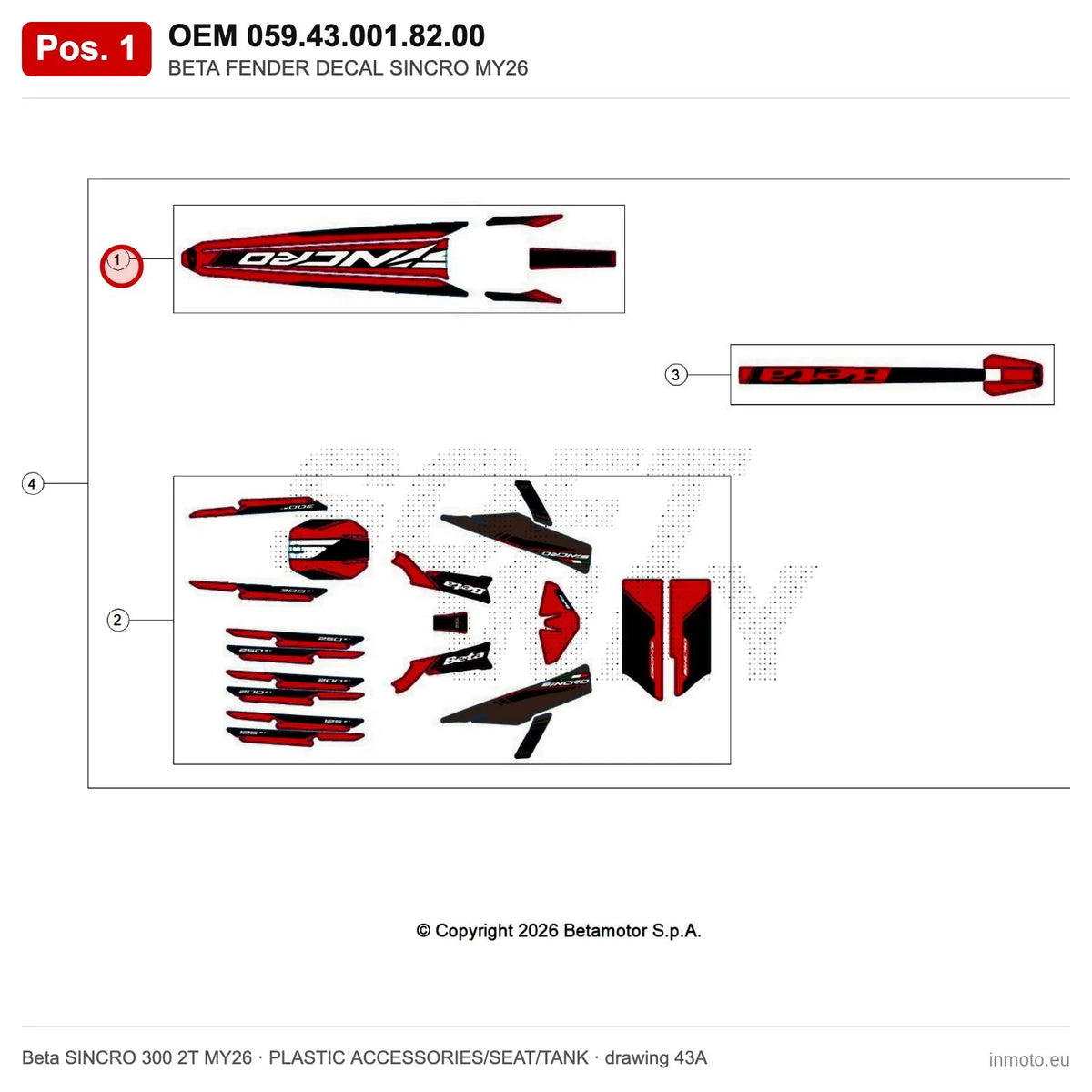 BETA FENDER DECAL SINCRO MY26 – OEM 059.43.001.82.00, position 1 on the Beta SINCRO 300 2T MY26 plastic accessories/seat/tank drawing