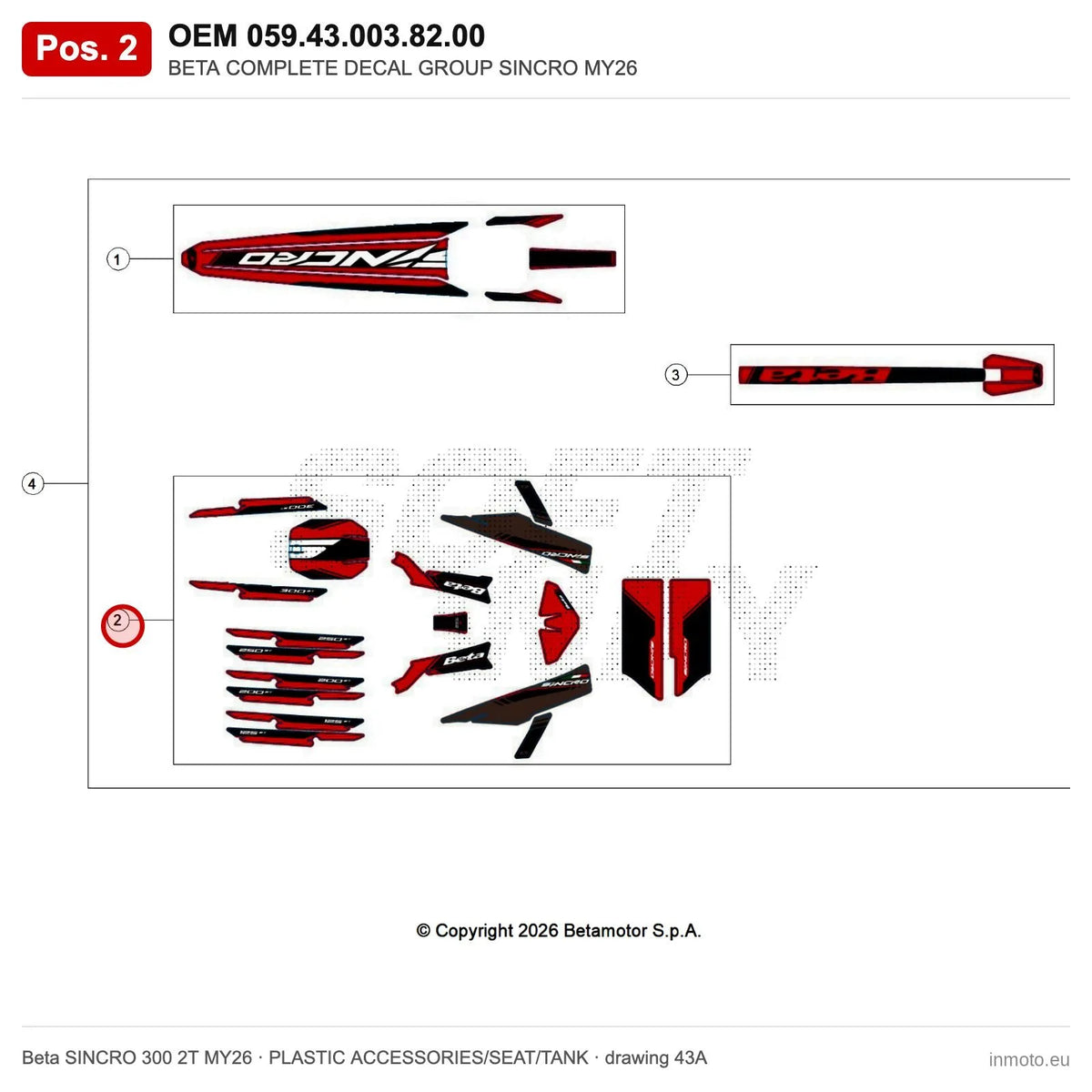 BETA COMPLETE DECAL GROUP SINCRO MY26 – OEM 059.43.003.82.00, position 2 on the Beta SINCRO 300 2T MY26 plastic accessories/seat/tank drawing