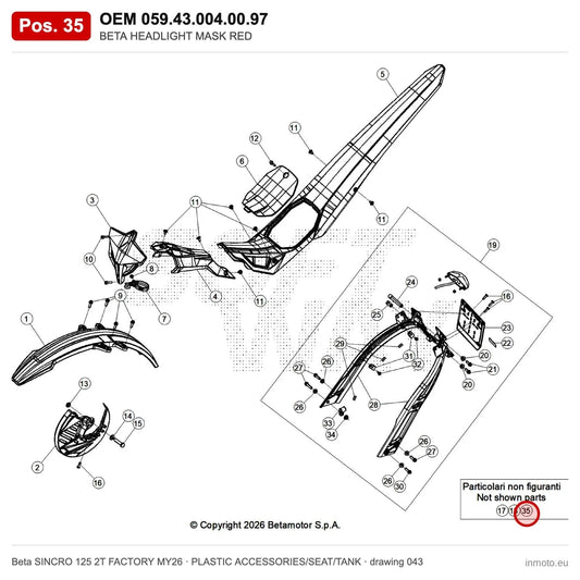 BETA HEADLIGHT MASK RED – OEM 059.43.004.00.97, position 35 on the Beta SINCRO 125 2T FACTORY MY26 plastic accessories/seat/tank drawing