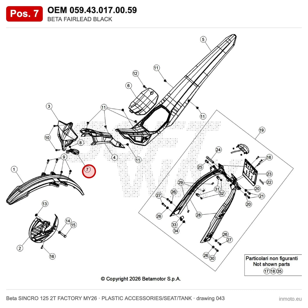 BETA FAIRLEAD BLACK – OEM 059.43.017.00.59, position 7 on the Beta SINCRO 125 2T FACTORY MY26 plastic accessories/seat/tank drawing