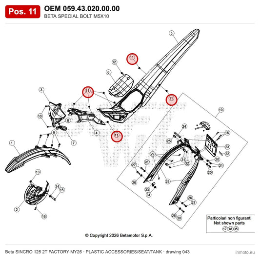 BETA SPECIAL BOLT M5X10 – OEM 059.43.020.00.00, position 11 on the Beta SINCRO 125 2T FACTORY MY26 plastic accessories/seat/tank drawing