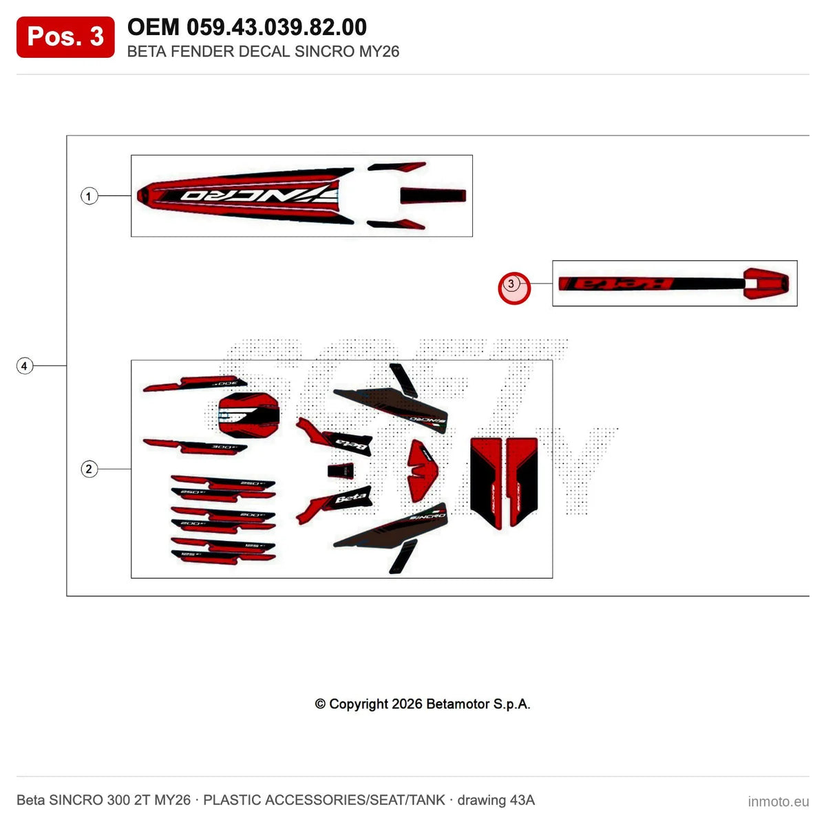 BETA FENDER DECAL SINCRO MY26 – OEM 059.43.039.82.00, position 3 on the Beta SINCRO 300 2T MY26 plastic accessories/seat/tank drawing