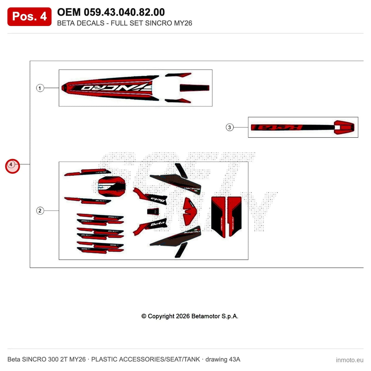 BETA DECALS - FULL SET SINCRO MY26 – OEM 059.43.040.82.00, position 4 on the Beta SINCRO 300 2T MY26 plastic accessories/seat/tank drawing