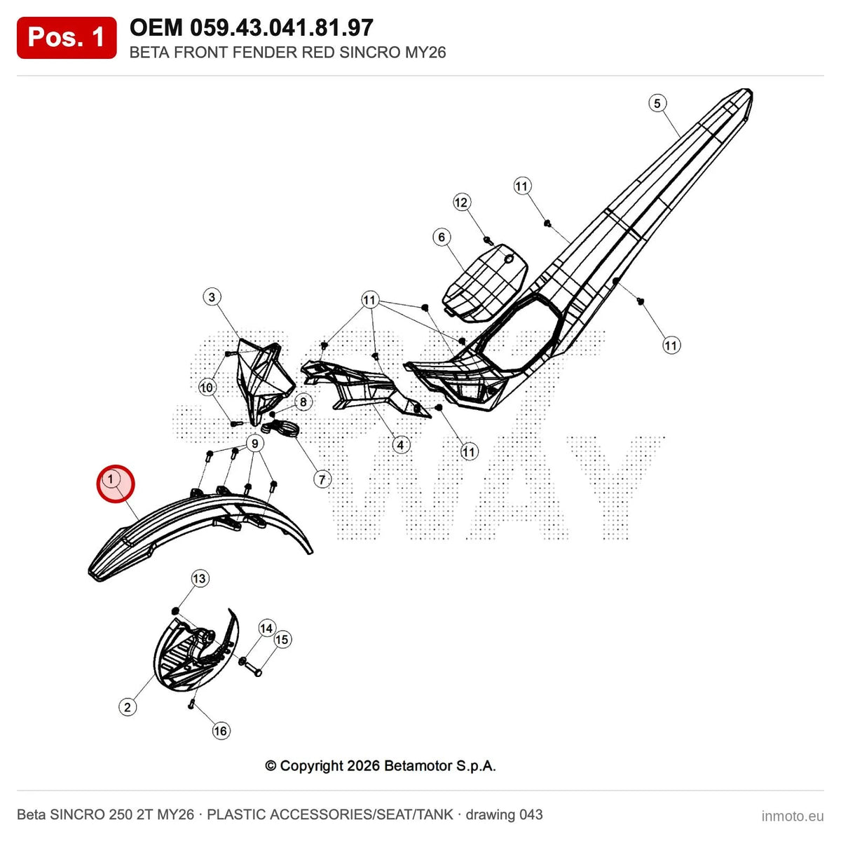 BETA FRONT FENDER RED SINCRO MY26 – OEM 059.43.041.81.97, position 1 on the Beta SINCRO 250 2T MY26 plastic accessories/seat/tank drawing