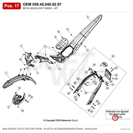BETA HEADLIGHT MASK - KIT – OEM 059.45.040.82.97, position 17 on the Beta SINCRO 125 2T FACTORY MY26 plastic accessories/seat/tank drawing
