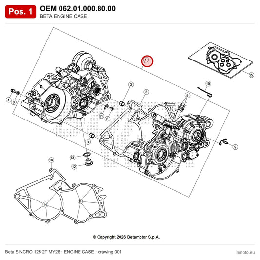 BETA ENGINE CASE – OEM 062.01.000.80.00, position 1 on the Beta SINCRO 125 2T MY26 engine case drawing