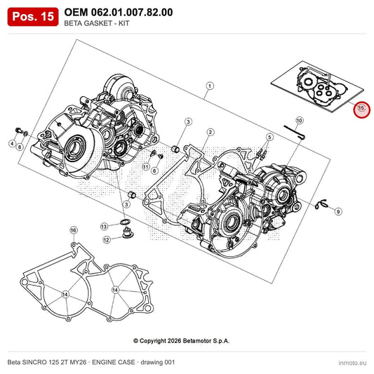 BETA GASKET - KIT – OEM 062.01.007.82.00, position 15 on the Beta SINCRO 125 2T MY26 engine case drawing