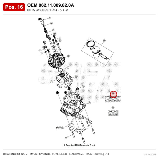BETA CYLINDER D54 - KIT -A – OEM 062.11.009.82.0A, position 16 on the Beta SINCRO 125 2T MY26 cylinder/cylinder head/valvetrain drawing