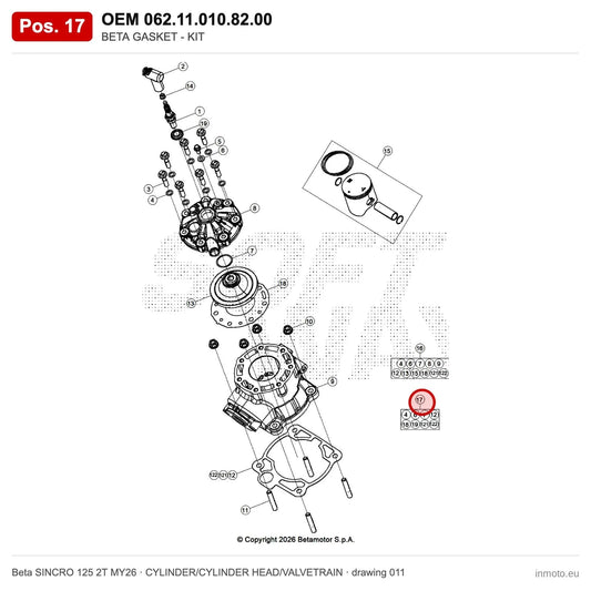 BETA GASKET - KIT – OEM 062.11.010.82.00, position 17 on the Beta SINCRO 125 2T MY26 cylinder/cylinder head/valvetrain drawing