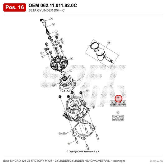 BETA CYLINDER D54 - C – OEM 062.11.011.82.0C, position 16 on the Beta SINCRO 125 2T FACTORY MY26 cylinder/cylinder head/valvetrain drawing