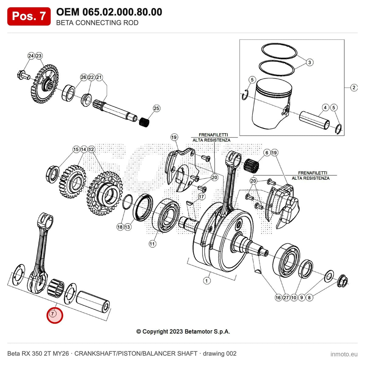 BETA CONNECTING ROD – OEM 065.02.000.80.00, position 7 on the Beta RX 350 2T MY26 crankshaft/piston/balancer shaft drawing